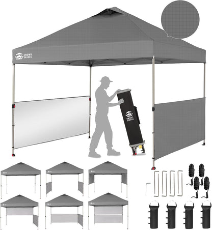 CROWN SHADES 10x10 Pop up Canopy Tent Instant Canopy with 150D Silver Coated Fabric Including 2 Half Sidewalls, 4 Ropes, 8 Stakes, 4 Weight Bags, STO 'N Go Bag, Grid Grey