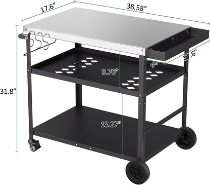 Spurgehom Outdoor Grill Cart, Pizza Oven Stand Table with Wheels Dining Cart for Outside Patio, Movable Kitchen Cooking Prep Table BBQ Cart with Mesh Racks for Home Party, Bar, Camping