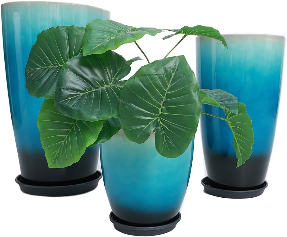 24,21,11 Inch Large Plastic Planters with Drainage Hole and Saucer - Set of 3 Tall Plant Pots Indoor Flower Pot Tall Round Planters Outdoor Large Tall Planter
