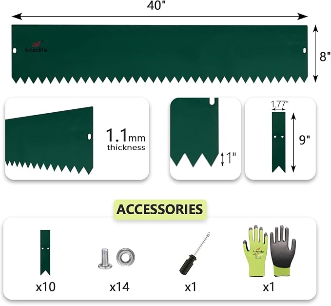 A ANLEOLIFE 6 Pack 40" LX 8" H Galvanized Steel Garden Landscape Edging, Bendable Hammer-in Metal Lawn Border with Gloves and 10 Stakes (20FT Total) (8 inch Tall, Green)
