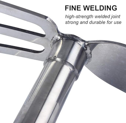 Stainless Steel Garden Hoe Rake Hand Tool, 15" Metal Hand Hoe & 3 Prong Cultivator Dual Headed Gardening Tool for Weeding, Digging, Seeding Multipurpose