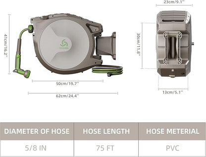 PINWHEEL 5/8in 75FT Retractable Garden Hose Reel, Automatic Retractable Hose with 10-Pattern Spray Nozzle, 180° Swivel Bracket, 3-Layer PVC Durable Water Hose for Yard Lawn Care