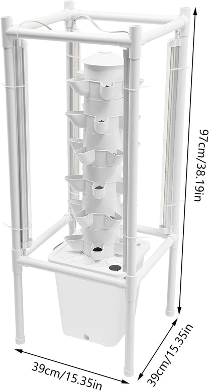 Hydroponics Tower Garden Vertical Growing System Kit, 30-Plant Indoor Gardening Planter Germination Kit with LED Grow Light & Water Pump for Herbs & Vegetables, 2.64Gal White Water Tank
