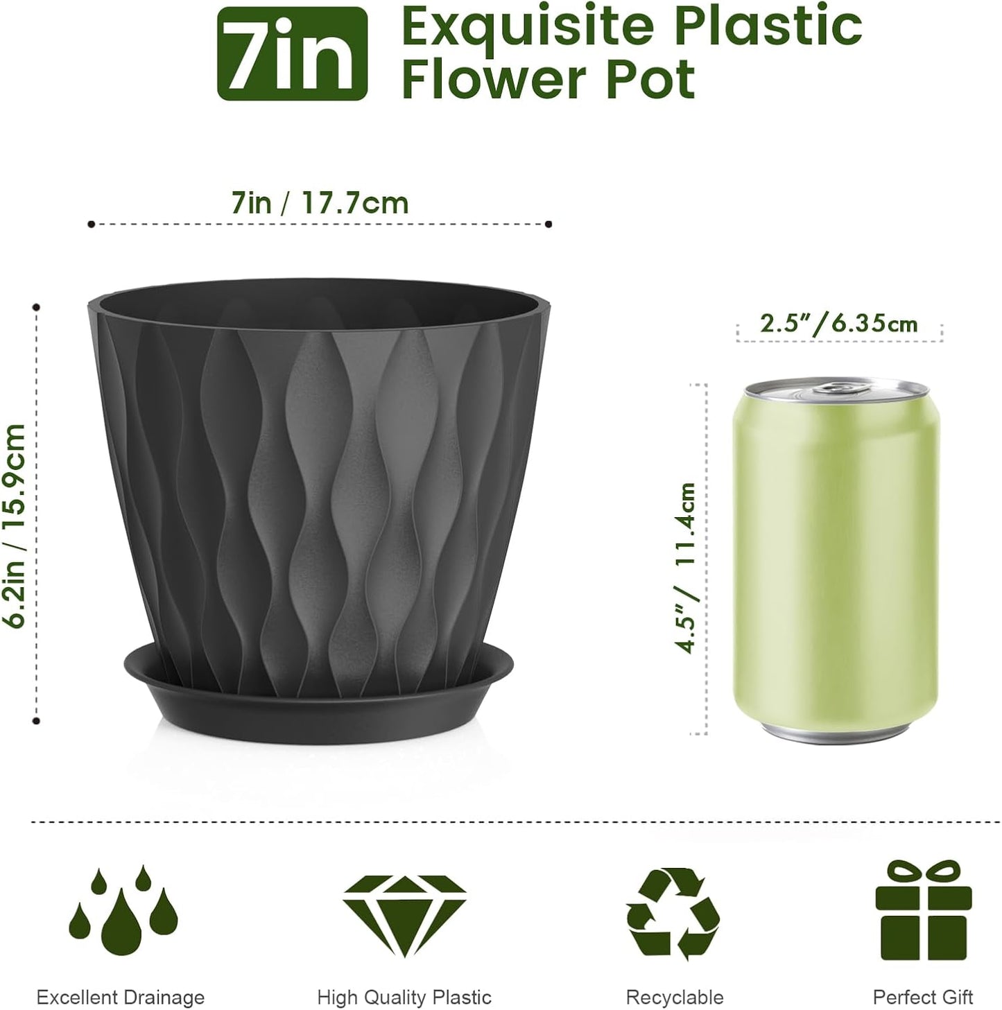 7 inch Plant Pots for Indoor Outdoor Plants, 5 Pack Thick Nursery Pots with Drainage Holes and Saucers, 3D Modern Wave Texture Plastic Planter Pots for Flowers and House Plants, Black