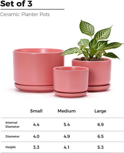 Ton Sin Plant Pots, 4.1+5.1+6.5 inch, Set of 3, Ceramic Planters with Drainage Hole and Saucer, Indoor Flower Pot with Hole Mesh Pad, Gifts for Mom(Matte Orange)