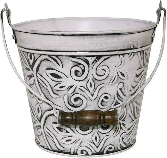 Headwind Robert Allen Vintage Floral Metal Planter with Handle, 12-Inch, Rustic White – Lightweight Indoor/Outdoor Flower Pot with Drainage Hole