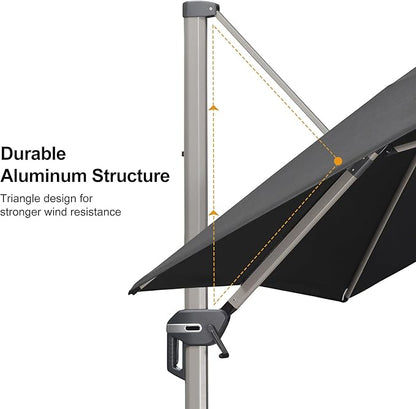 PURPLE LEAF 9' X 11.5' Patio Umbrella, Rectangle Outdoor Cantilever Umbrella, Aluminum Offset Umbrella with Champagne Frame and 360° Rotation for Pool Deck Garden, Black