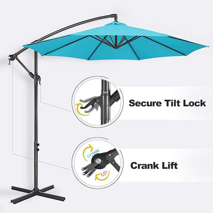 FLAME&SHADE 10ft Cantilever Patio Umbrella Outdoor, Large Offset Umbrella with Crank and Cross Base, UPF 50+ UV Protection Hanging Umbrella for Pool Deck Garden, Aqua Blue