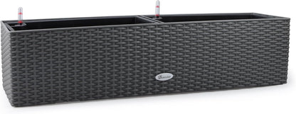 Dexceder 31.5 Inch Rattan Self Watering Planter Indoor Outdoor, Thickened Large Rail Flower Plant Pot Window Box with Water Level Indicators (Deep Gray)