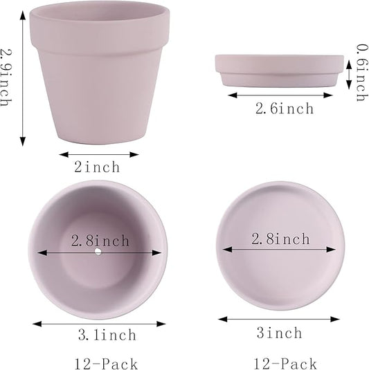 Fcacti 3 Inches Small Pink Terracotta Pots with Saucer, 12 Pack 3" Terra Cotta Planter with Drainage Holes, Small Clay Flower Pots for Plants, Succulents, Crafts, Wedding Favor