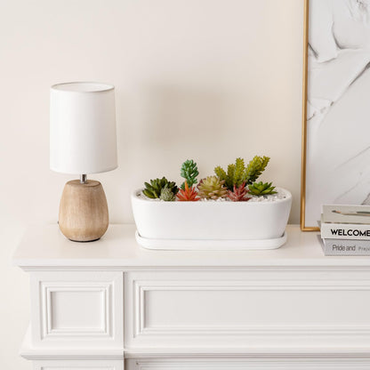 MyGift 14 Inch Oval Modern Matte White Ceramic Succulent Planter Pot with Drainage Hole and Removable Saucer, Decorative Indoor House Plant Container for Flowers, Cactus, Herbs