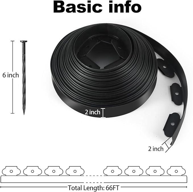 LINSHRY 66FT Landscape Edging, 2 Inch Tall No Dig Garden Border Edging with 60pcs Spikes, Plastic Paver Edging Lawn Edging for Landscaping, Flower Bed, Grass, Yard