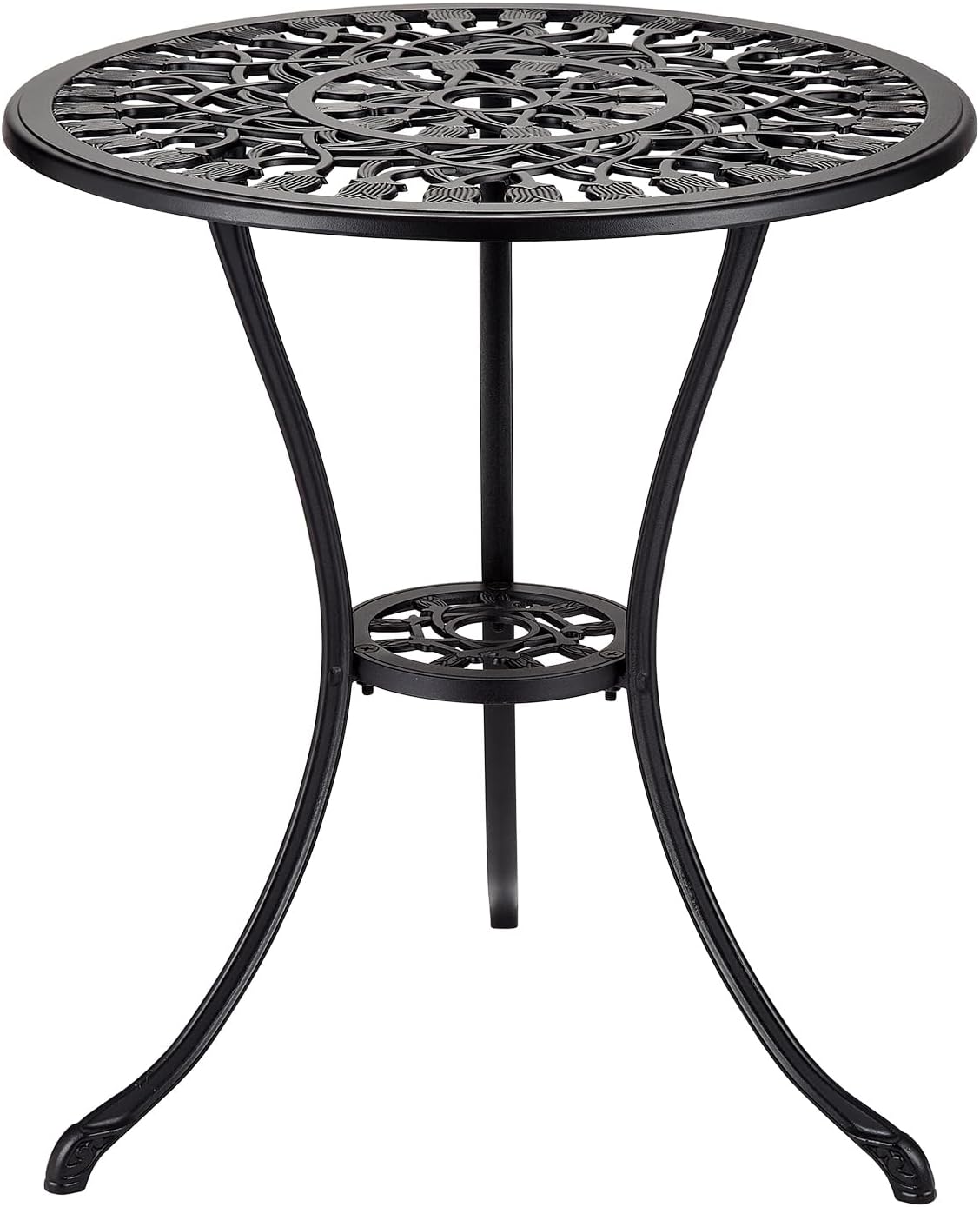 24" Outdoor Round Patio Bistro Table, Cast Aluminum Outdoor Cafe Table with 2 inch Umbrella Hole for Porch,Backyard,Garden, Tulip Pattern, Black