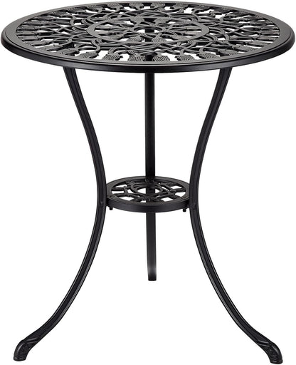 24" Outdoor Round Patio Bistro Table, Cast Aluminum Outdoor Cafe Table with 2 inch Umbrella Hole for Porch,Backyard,Garden, Tulip Pattern, Black
