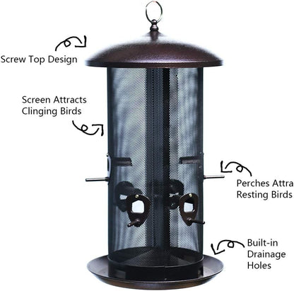 Nature's Rhythm Metal Hopper Bird Feeder, Dual Seed Compartments, 10 Feeding Ports, Holds 10lbs Seed, Attracts Cardinals, Titmice, Nuthatches