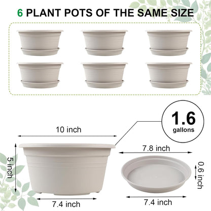 6 Pack 10 inch Plant Pot, Outdoor Pots for Plants with Drainage Hole & Tray Saucer, Round Plastic Plant Pot, Decoration Flower Pots for Indoor Plants Home Garden Outdoor Planters (Beige)
