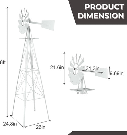 Outvita 8FT Ornamental Windmill for Yard, Heavy Duty Durable Metal Weather Vane Garden Decoration Weather Resistant for Garden, Farm, Seaside