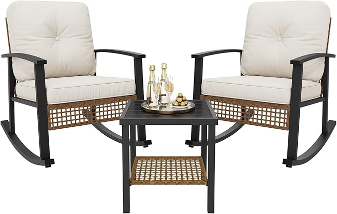 Aoxun 3-Piece Outdoor Rocking Bistro Set, Patio Furniture Set with Coffee Table and Thick Cushions, Wicker Rocking Chairs Set of 2 for Garden, Balcony, Backyard, Poolside (Beige)