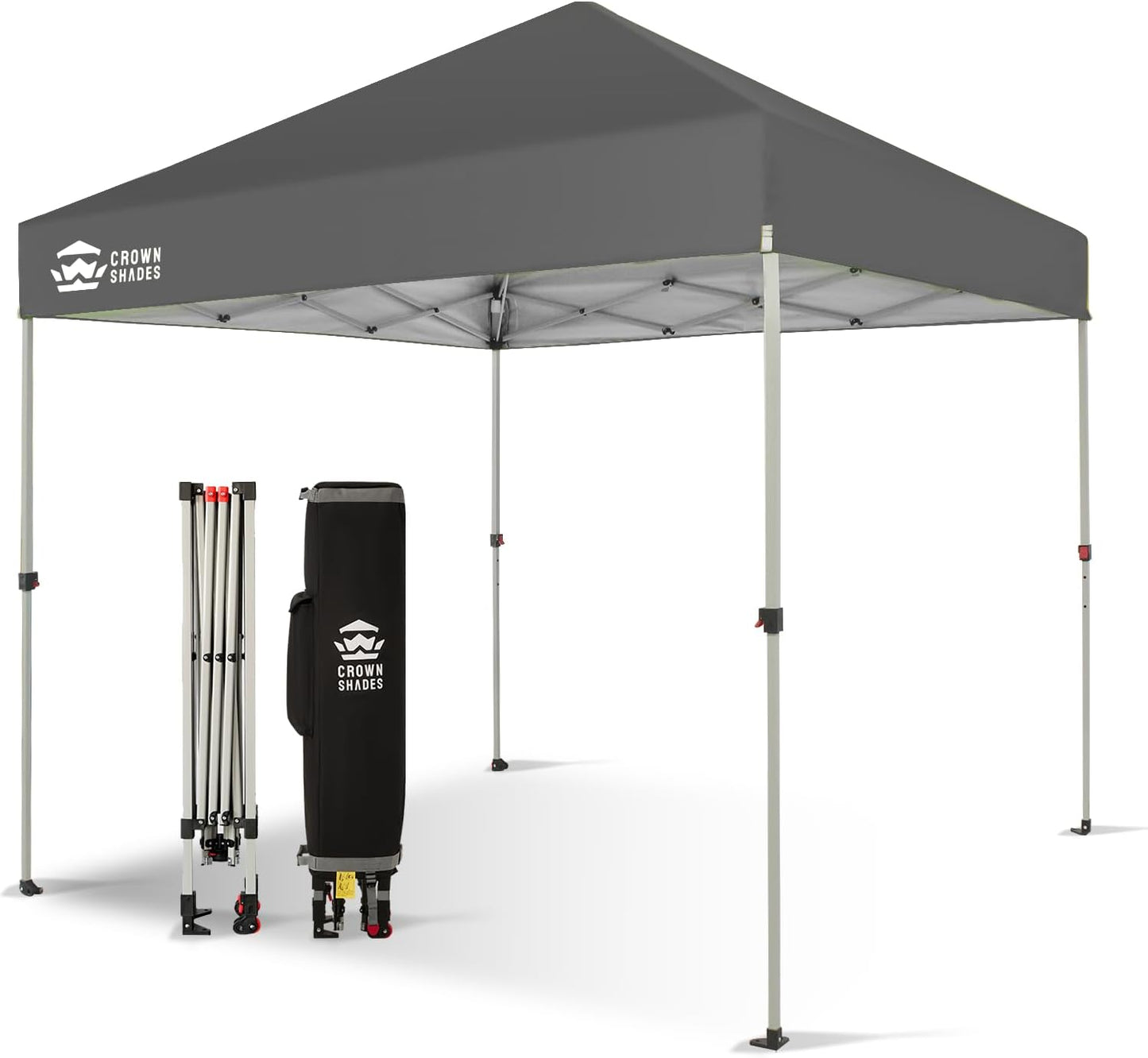 CROWN SHADES 8x8 Pop Up Canopy - Beach Tent with One Push Setup - Easy Outdoor Sun Shade for Events, Parties, Camping - Gazebo with STO-N-Go Cover Bag, Silver Coated Top,Grid Grey