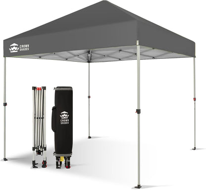 CROWN SHADES 8x8 Pop Up Canopy - Beach Tent with One Push Setup - Easy Outdoor Sun Shade for Events, Parties, Camping - Gazebo with STO-N-Go Cover Bag, Silver Coated Top,Grid Grey