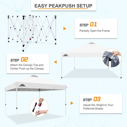 EAGLE PEAK Pop Up Canopy Tent with Wheeled Carry Bag, 8 Stakes, 4 Ropes, 4 Weight Bags, Easy Set Up Tent Canopy, 12x12 ft, 144sqft of Shade, White