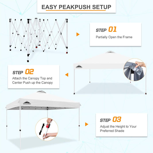 EAGLE PEAK Pop Up Canopy Tent with Wheeled Carry Bag, 8 Stakes, 4 Ropes, 4 Weight Bags, Easy Set Up Tent Canopy, 12x12 ft, 144sqft of Shade, White