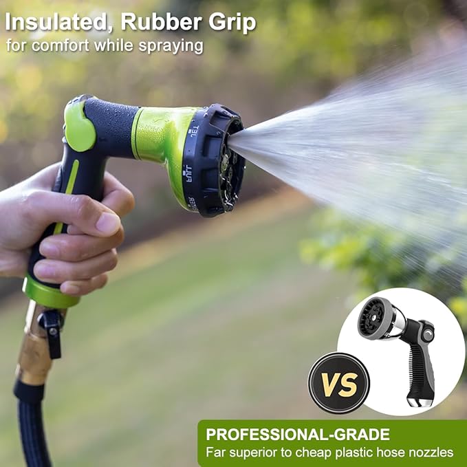 FANHAO Garden Hose Nozzle Heavy Duty, 100% Metal Water Hose Sprayer with 8 Spray Patterns, High Pressure Spray Nozzle Thumb Control On Off Valve for Lawn & Plant Watering, Car & Pet Washing - Green