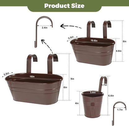 3 Different Size Metal Iron Hanging Flower Pots 10 Pcs for Outdoor Plants Metal Hanging Bucket Pots Iron Railing Fence Planter with Drainage Holes and Hooks for Porch Railing Balcony Fence (Bronze)