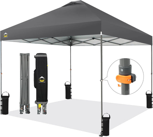 CROWN SHADES Adjustable Height on The Fly, 10x10 Pop Up Canopy - Beach Tent with One Push Setup - Easy Outdoor Sun Shade for Events, Parties, Camping - Outside Shade with STO-N-Go Bag, Grey
