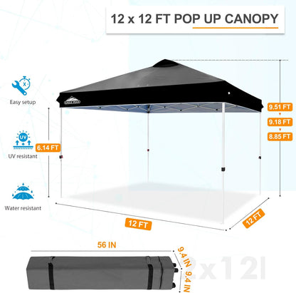 EAGLE PEAK Pop Up Canopy Tent with Wheeled Carry Bag, 8 Stakes, 4 Ropes, 4 Weight Bags, Easy Set Up Tent Canopy, 12x12 ft, 144sqft of Shade, Black