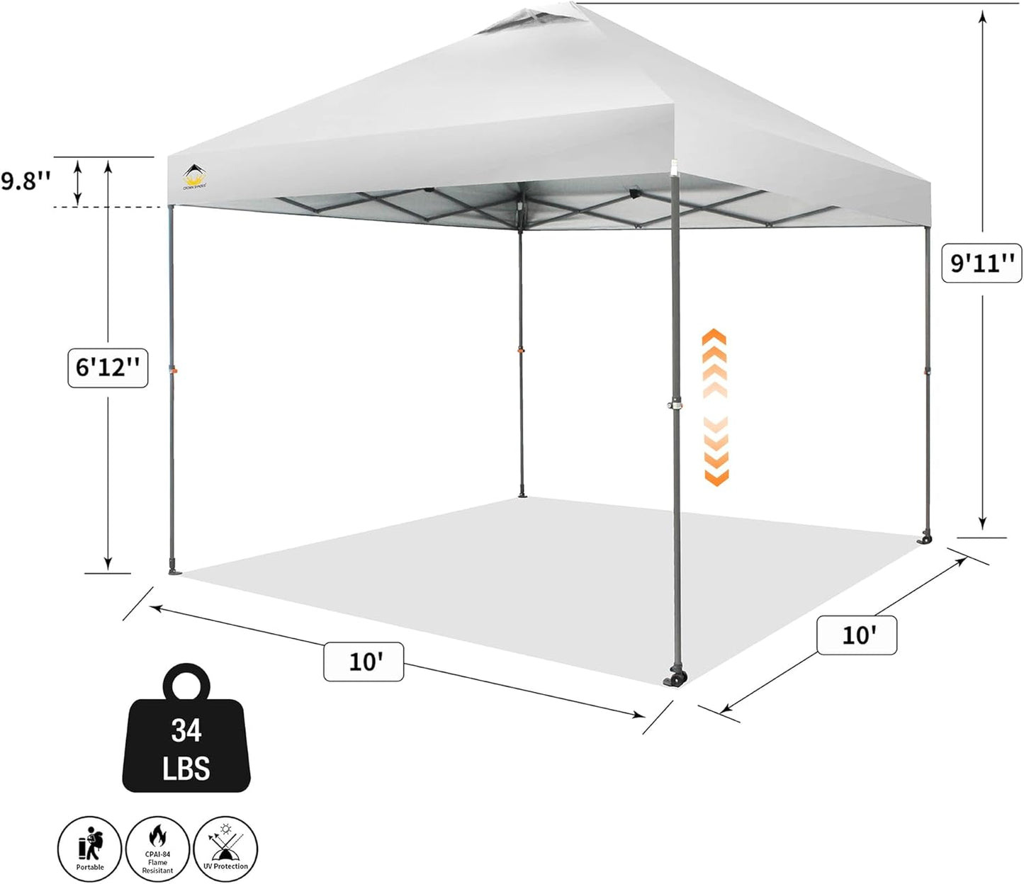 CROWN SHADES Adjustable Height on The Fly, 10x10 Pop Up Canopy - Beach Tent with One Push Setup - Easy Outdoor Sun Shade for Events, Parties, Camping - Outside Shade with STO-N-Go Bag, White