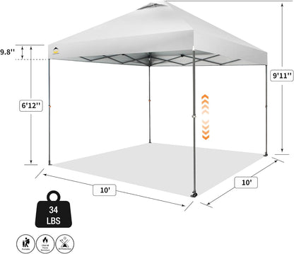 CROWN SHADES Adjustable Height on The Fly, 10x10 Pop Up Canopy - Beach Tent with One Push Setup - Easy Outdoor Sun Shade for Events, Parties, Camping - Outside Shade with STO-N-Go Bag, White