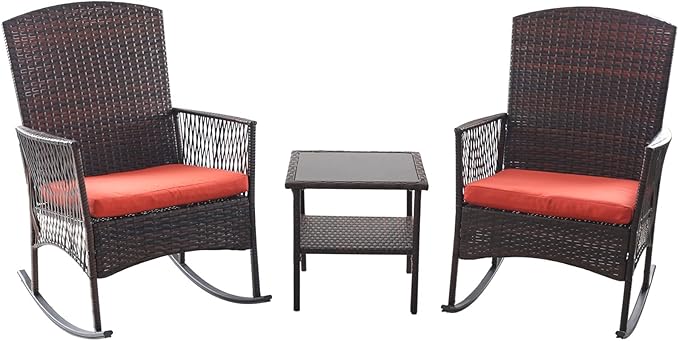 DECMICO Outdoor Rattan Wicker Rocking Chair 3 Pieces Patio Conversation Furniture Bistro Sets with Side Table and Cushions for Porch Garden and Balcony