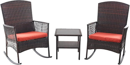 DECMICO Outdoor Rattan Wicker Rocking Chair 3 Pieces Patio Conversation Furniture Bistro Sets with Side Table and Cushions for Porch Garden and Balcony