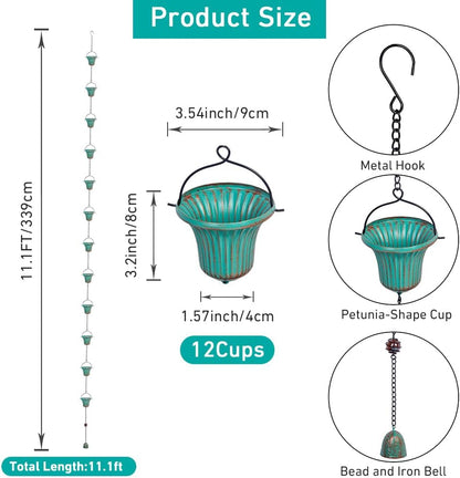 11ft Copper Rain Chains for Outside, 12 Cups Rain Catcher Chain Replacement Downspout for Gutters, Adjustable Length