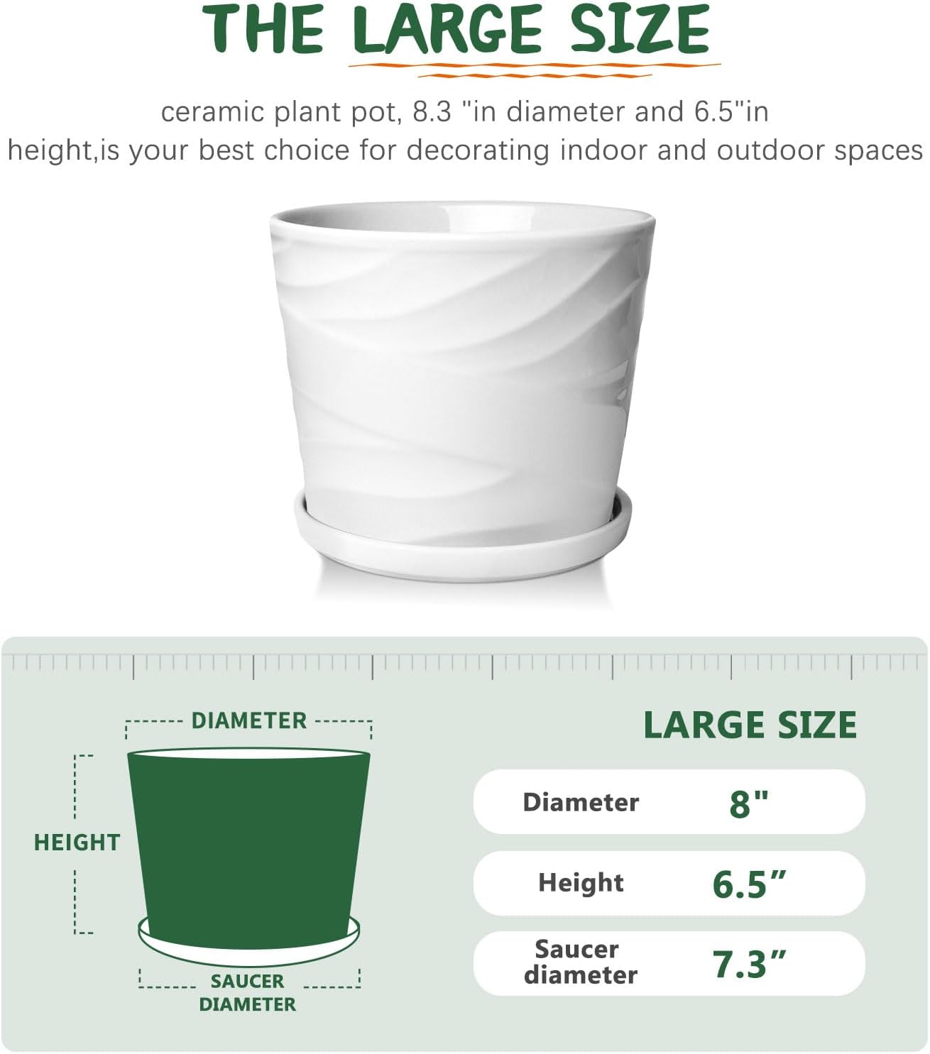 8 Inch Plant Pot, Ceramic Planter with Drainage and Saucer, Ceramic Pots for Plants, Indoor Plant pots,Succulent Orchid Flower Pot(Pure White)