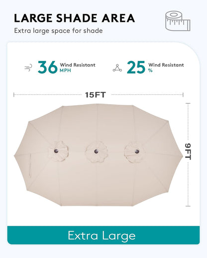 SERWALL HDPE Patio Furniture Set with 15FT Double Side Patio Umbrella, All Weather Wood-Like Outdoor Sofa Sectional Couch, Blue Patio Furniture with Grey Cushions