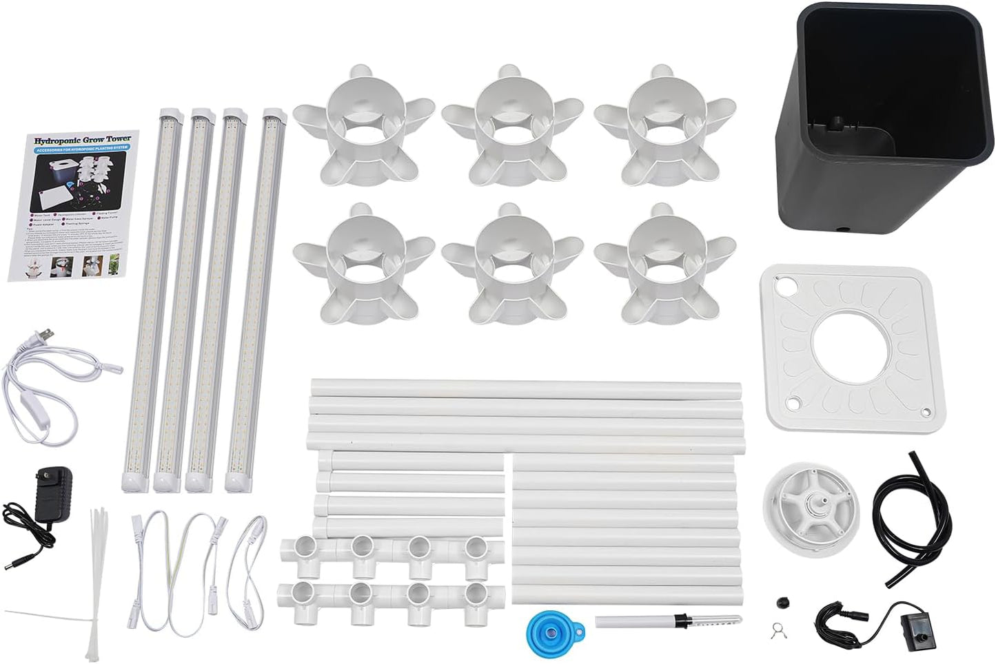 Hydroponics Tower Garden Vertical Growing System Kit, 30-Plant Indoor Gardening Planter Germination Kit with LED Grow Light & Water Pump for Herbs & Vegetables, 2.64Gal Grey Water Tank