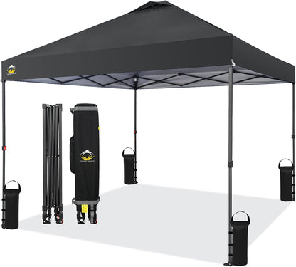 CROWN SHADES 10x10 Pop Up Canopy Tent - Patented Center Lock One Push Instant Outdoor Canopy Beach Tent with STO-N-Go Bag 8 Stakes & 4 Sand Bags，Black