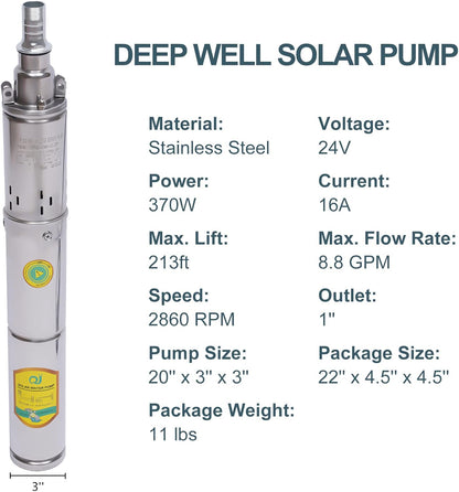 Submersible Deep Well Solar Water Pump DC 24V 370W Stainless Steel Agricultural Irrigation Screw Pump, 213ft Lift, 8.8GPM Flow, Solar Water Circulating System