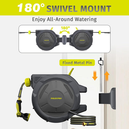 Retractable Garden Hose Reel 105FT, 1/2 inch Wall Mounted Hose Reel with Full Brass Fittings, 10 Patterns Spray Nozzle, Any Length Lock, 180° Automatic Rewind