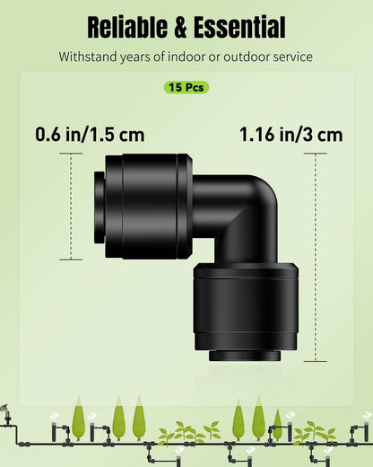 Pawfly 15 Pcs Quick Connect 1/4" Drip Irrigation Elbow Connectors, Anti-Leak Drip Irrigation Parts, Push-to-Fit 2-Way Elbows, Universal 90 Degree Elbow Fittings for 1/4 Inch Irrigation Tubing