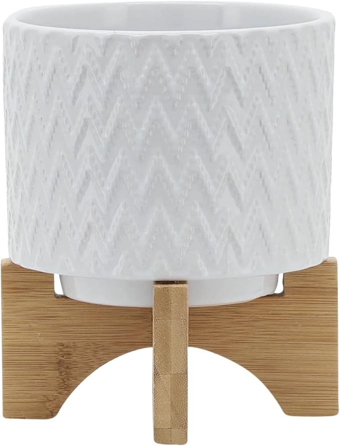 Sagebrook Home Modern Ceramic Planter with Stand - Textured Stoneware Pot with Bamboo Base for Indoor & Outdoor Plants - Decorative Flower Pot for Home & Garden - 8" White