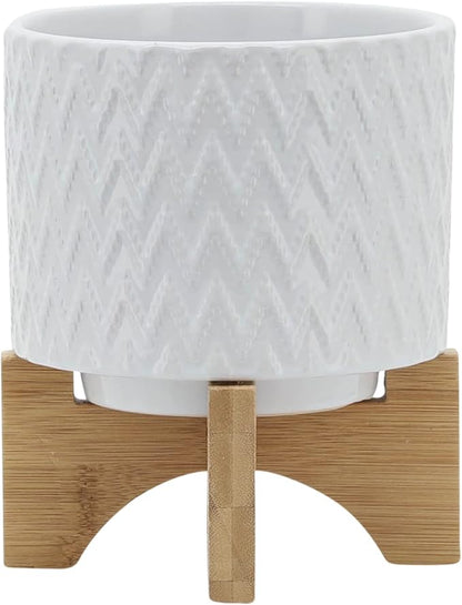 Sagebrook Home Modern Ceramic Planter with Stand - Textured Stoneware Pot with Bamboo Base for Indoor & Outdoor Plants - Decorative Flower Pot for Home & Garden - 8" White