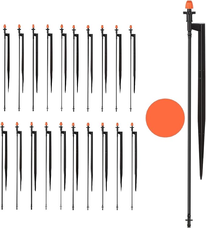 360 Degree Irrigation Sprinkler Heads: Micro Sprinkler Nozzle on 12 Inch Stake with 1/4" Tubing - Drip Spray Emitters for Garden Irrigation System (20 Pack)