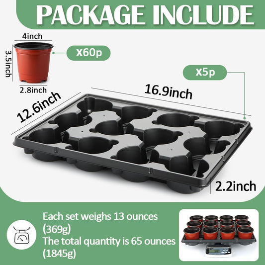 4 inch Round Nursery Pots 60pcs, 12 Cell Nursery Pots Trays 5 Pcs, Sturdy Seeds Starting Germination Shuttle Carrying Trays, Small Planter Nursery Propagation 5 Sets
