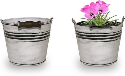 Headwind Vintage Collection - 6 Inch Rustic White Banded Planter with Handles – Galvanized Bucket Planter - Decorative Small Planters for Indoor Plants & Outdoor Use by Robert Allen
