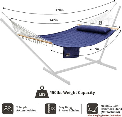 Double Quilted Fabric Hammock with Hardwood Spreader Bars and Pillow 450 LBS Capacity 2 Person Large Hammock for Outdoor Patio Backyard Poolside - Dark Blue