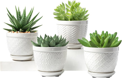 Sureasy Ceramic Plant Pots, 4.7 Inch Flower Pots for Indoor Plants, Succulent Pots with Saucer and Drainage Hole, Decorative Planter for Succulent, Cactus, Set of 4, White