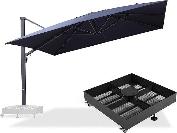 PURPLE LEAF 13 FT Square Patio Umbrella with Base Included Large Outdoor Aluminum Offset Umbrella with 360-degree Rotation Cantilever Umbrella for Garden Deck Backyard Pool Navy Blue